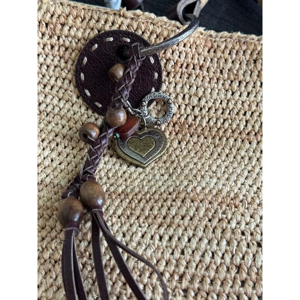 Brighton Straw Woven Raffia Tote Bag Braided Leather Straps Heart Charm Brown